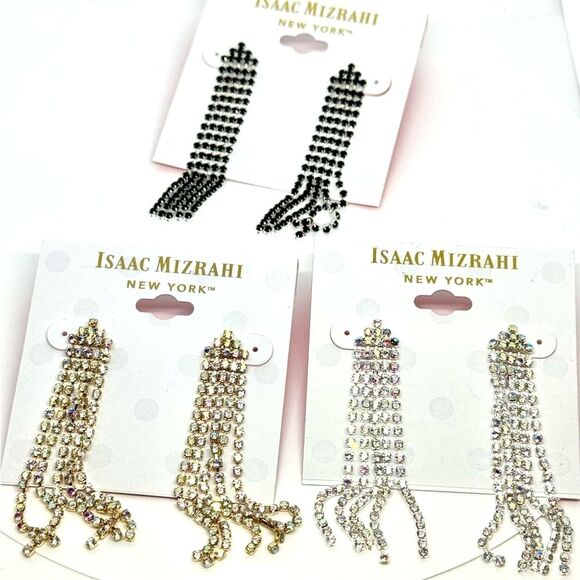 ISAAC MIZRAHI Gold Tone Crystal Dangling Post  Earrings - Picture 10 of 10